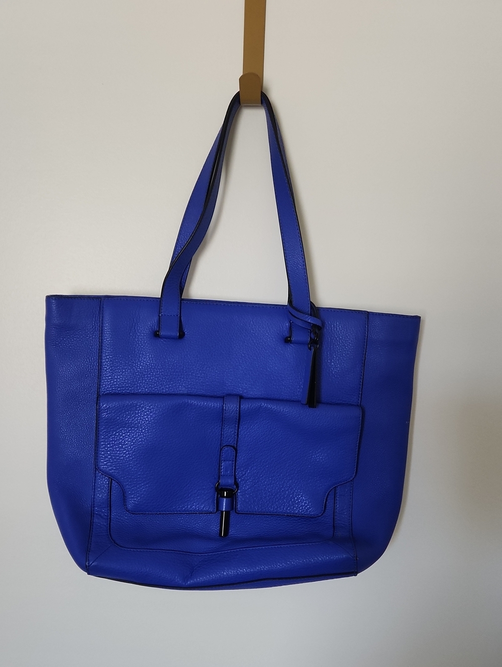 Bold Cobalt Leather Tote with Front Pocket